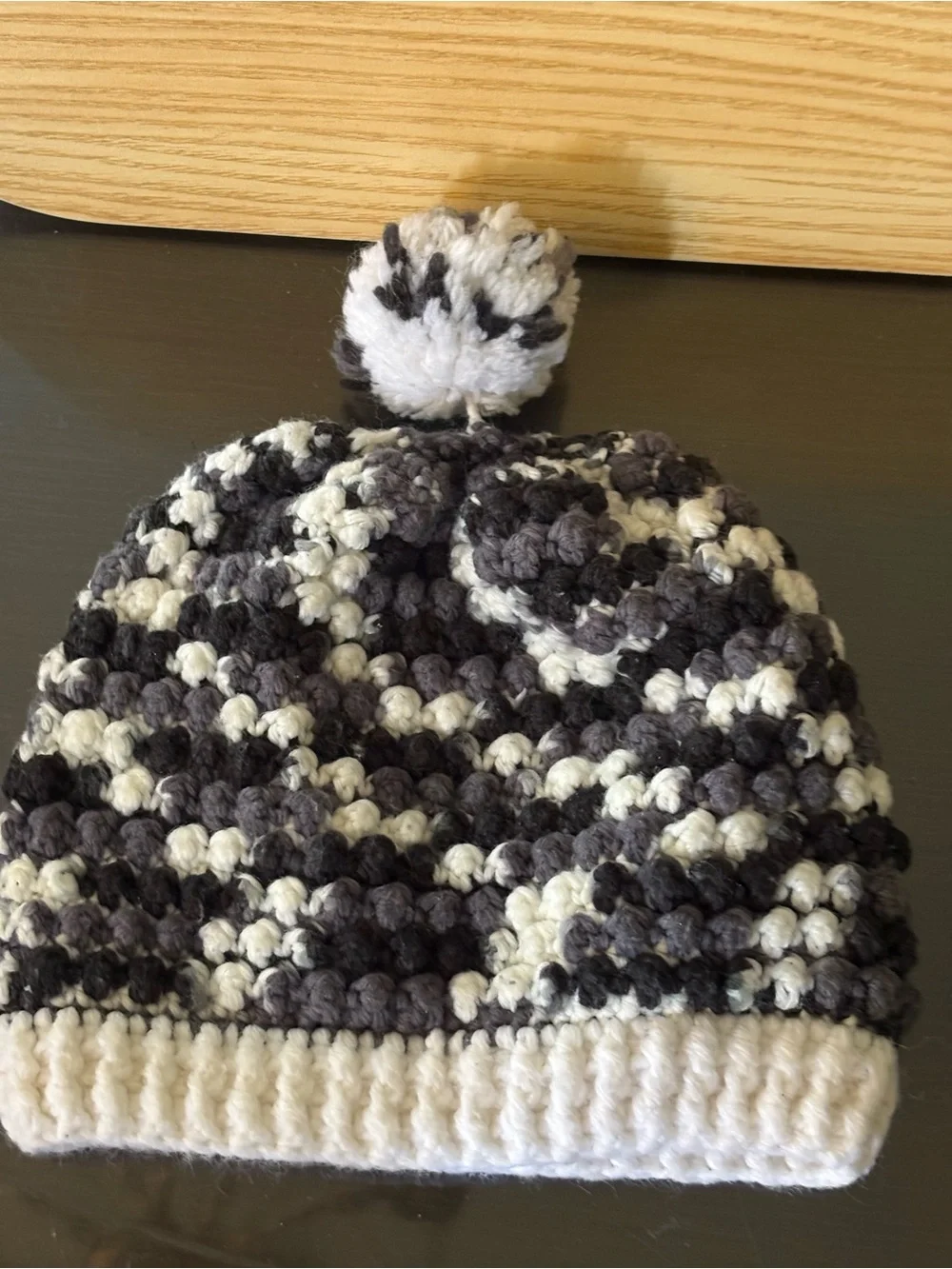 Handmade Pom-Pom Knit Beanie Hat - White, Gray & Black